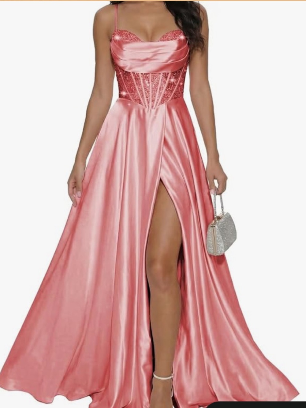 Coral (LightPink) Satin Prom Gown with High Slit NEW WITH TAGS